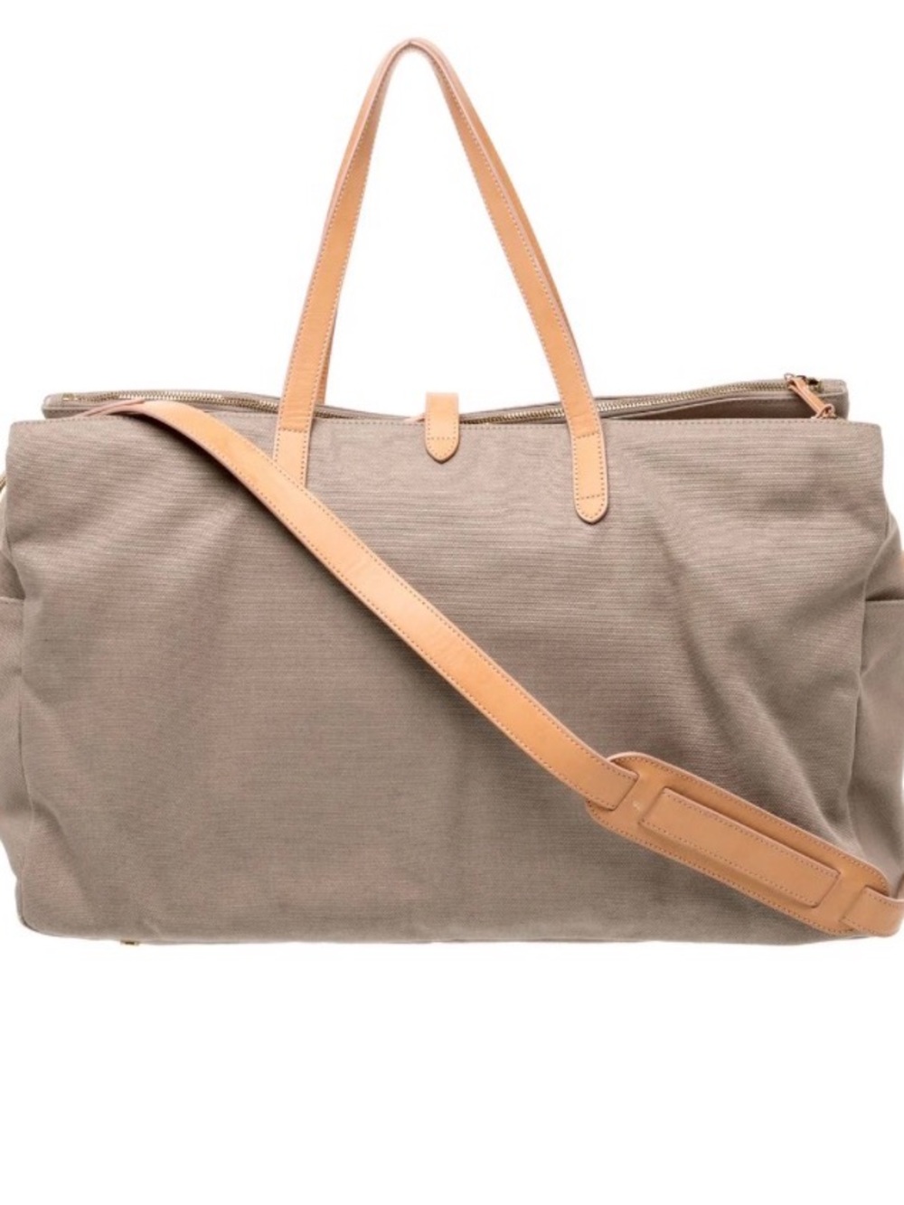 Cuyana Taupe Canvas Weekender bag triple zipper , Italian Leather Trim